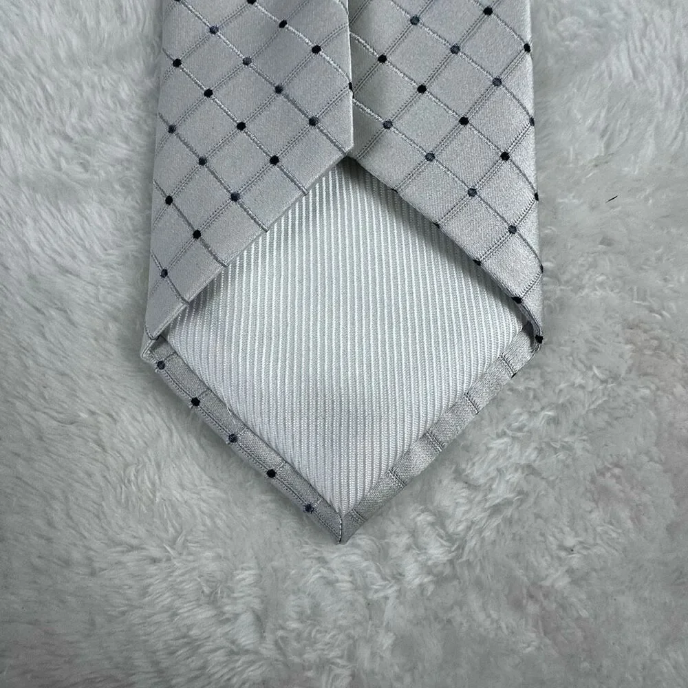 Geoffrey Beene‎ Men's 100% Silk Neck Tie Silver Grid Dot Print Semi Formal New